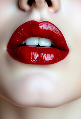 Obraz premium A striking close-up of glossy red lips and perfectly aligned white teeth, showcasing beauty, glamour, and fashion. Ideal for cosmetics, makeup, and oral care promotions.