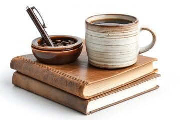 Naklejka premium A study table setup with textbooks, a pen holder, and a cup of coffee isolated on white