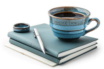 A study table setup with textbooks, a pen holder, and a cup of coffee isolated on white