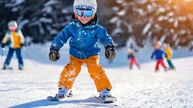 A young child enjoying a fun day of skiing in a snowy mountain landscape during winter with others in the background
