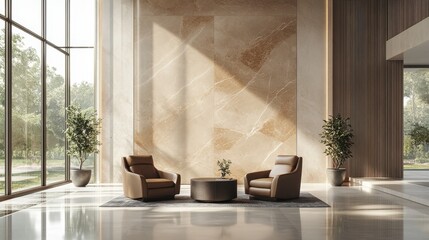 Modern Indoor Lounge with Leather Chairs and Plants