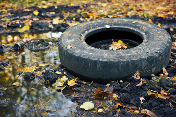 Old used car tire left in the forest. Environmental conservation concept. Toxic waste disposal...