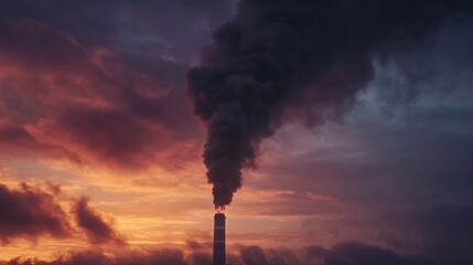 Smoke Rising from Industrial Chimney at Sunset