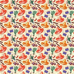 Watercolor seamless pattern of Mexican themes with various characteristic attributes of Mexico