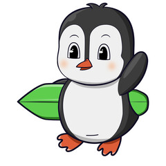 Cute penguin illustration With surf board 