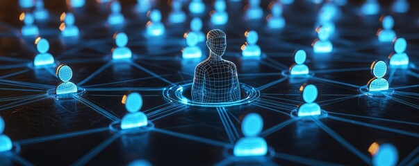 Digital network connection with glowing human figures representing communication and collaboration.
