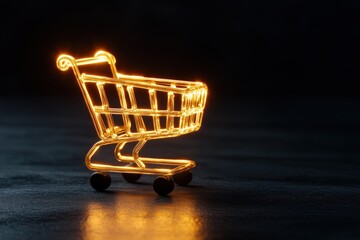 Illuminated gold neon shopping cart glows brightly against a sleek black backdrop. Generative AI