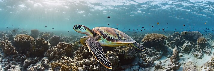 Sea Turtle Swimming Through a Vibrant Coral Reef