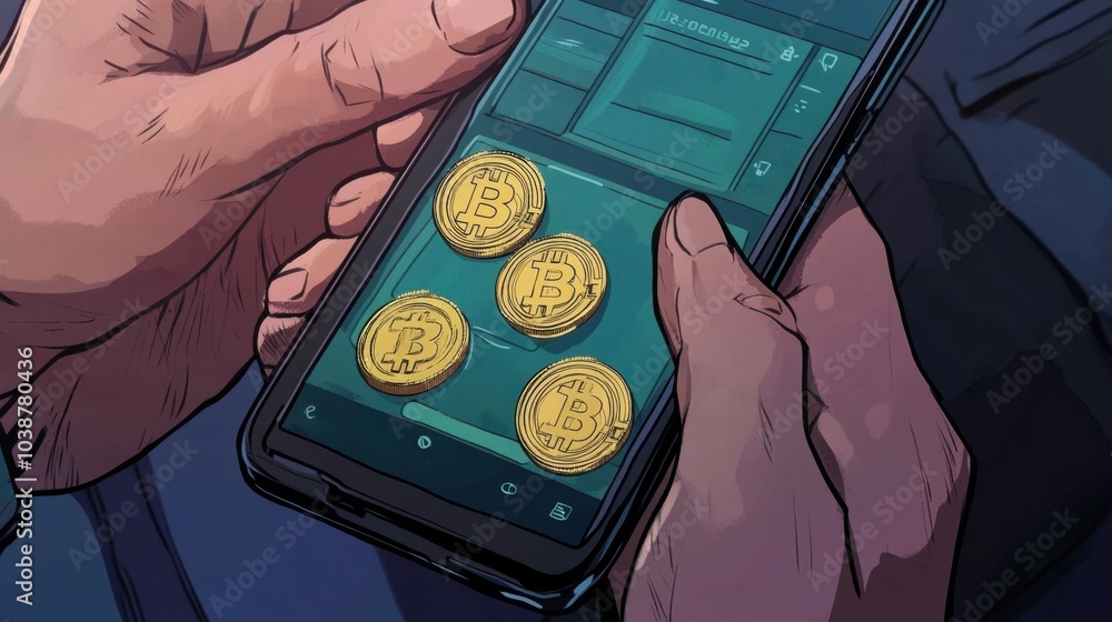 Poster a detailed shot of hands completing a cryptocurrency transaction on a smartphone with digital wallet