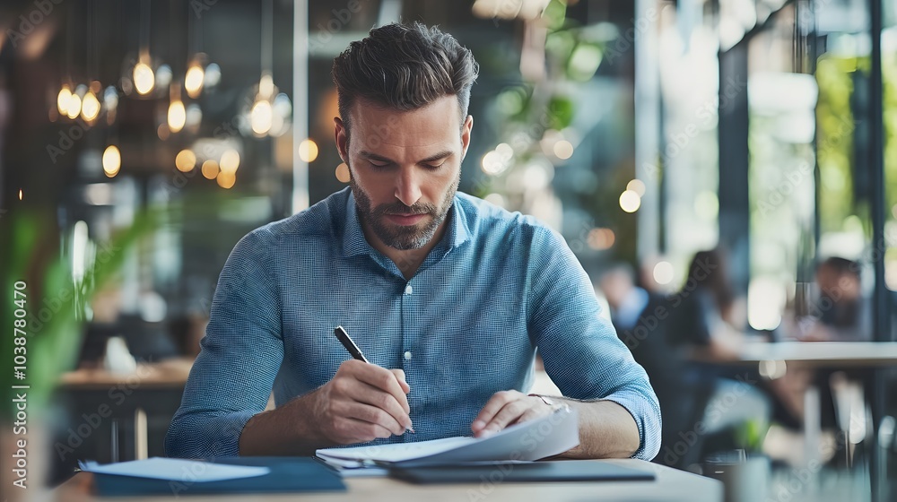 Poster a man sits at a table and writes on a document with a pen