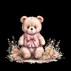 Adorable Teddy Bear in Elegant Dress Surrounded by Delicate Pink Flowers and Foliage