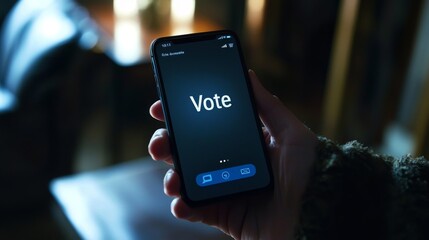 Hand holding smartphone displaying message to vote, emphasizing civic engagement in modern society.