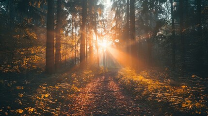 Fototapeta premium Morning sun rays filtering through a dense forest, illuminating the path