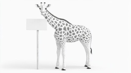 A giraffe standing next to a blank sign on a white background.