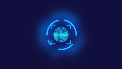 neon fingerprint icon glowing against a black background.