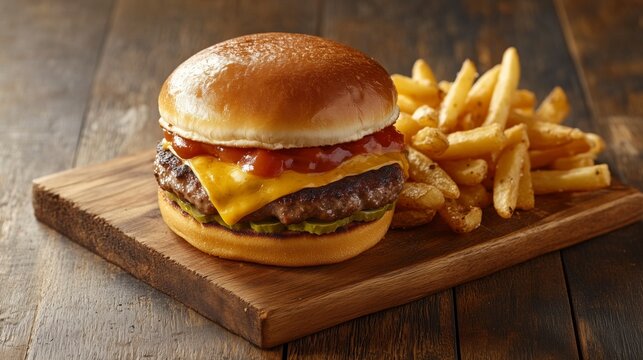 Hamburguesas de carne de vacuno y patatas fritas en una bandeja de madera