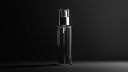 Minimalistic black spray bottle on dark background, ideal for product photography.