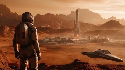 Astronaut on Mars with futuristic city and spaceship