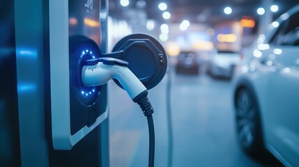 An electric vehicle charging station with a plugged-in charger in a parking garage.
