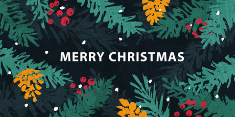 Obraz premium Creative colorful card, flyer, poster for 2025 New Year. Christmas greetings. Web banner design. Modern minimal flat style. Bright colors. Hand drawn style with texture. Winter plants.