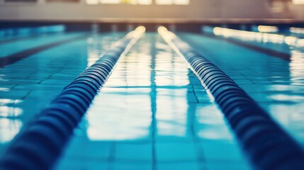 Obraz premium A swimming pool's lane line with a focus on its buoyancy and color, outdoor setting with sunlight reflection, Fresh style