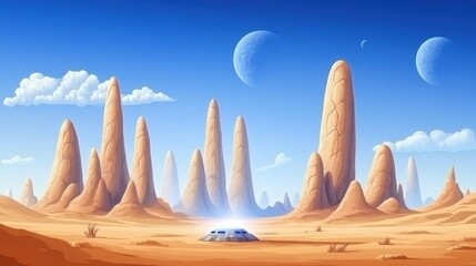 Futuristic spacecraft lands in a surreal desert landscape with towering rock formations, AI