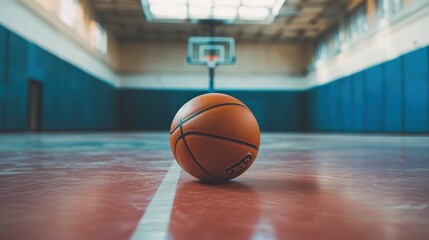A basketball rests on the court, highlighting a sports environment.