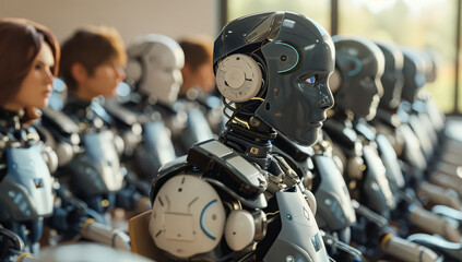 Fototapeta premium Robot is sitting in a classroom with other robots and people. The robot is wearing a helmet and has a serious expression on its face. The classroom is filled with people, some of whom are sitting