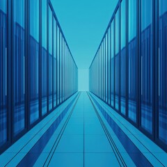 Cloud infrastructure blueprint hovering in a mirrored datacenter, futuristic tech grid