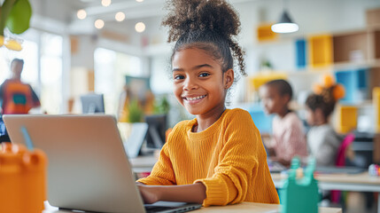 A young girl is sitting at a desk with a laptop in front of her