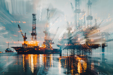 Obraz premium A blurry image of a large oil rig and a few other ships in the water