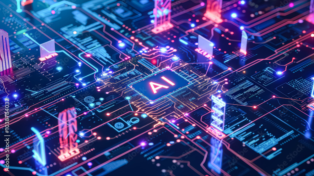 Aufkleber computer chip with the letters ai on it. the chip is colorful and has a futuristic look