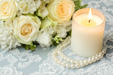 Bridal headpiece with pearls and lace placed next to a scented candle and a bouquet, capturing delicate wedding details