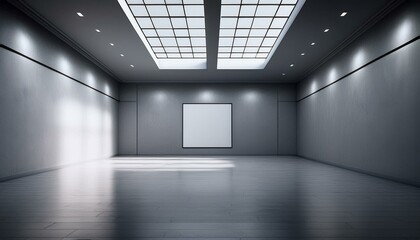 Fototapeta premium An empty modern gallery room with blank walls and a high ceiling with skylights, on a grey background, concept of a contemporary art space. 3D Rendering