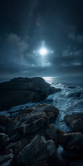 Obraz premium Cross illuminated on rocky seashore at night with starry sky, background