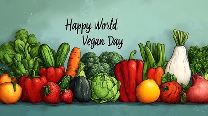 cartoon illustration of different vegetables and fruits with "Happy World Vegan Day" text. world vegan day