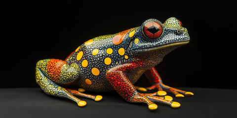 Colorful frog with vibrant markings sitting against a dark background, displaying its bright yellow and red spots, selective focus

