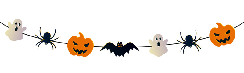 Halloween party banner with ghosts, spiders, pumpkins, bats, party invitation concept for Halloween, hanging garland © dlyastokiv
