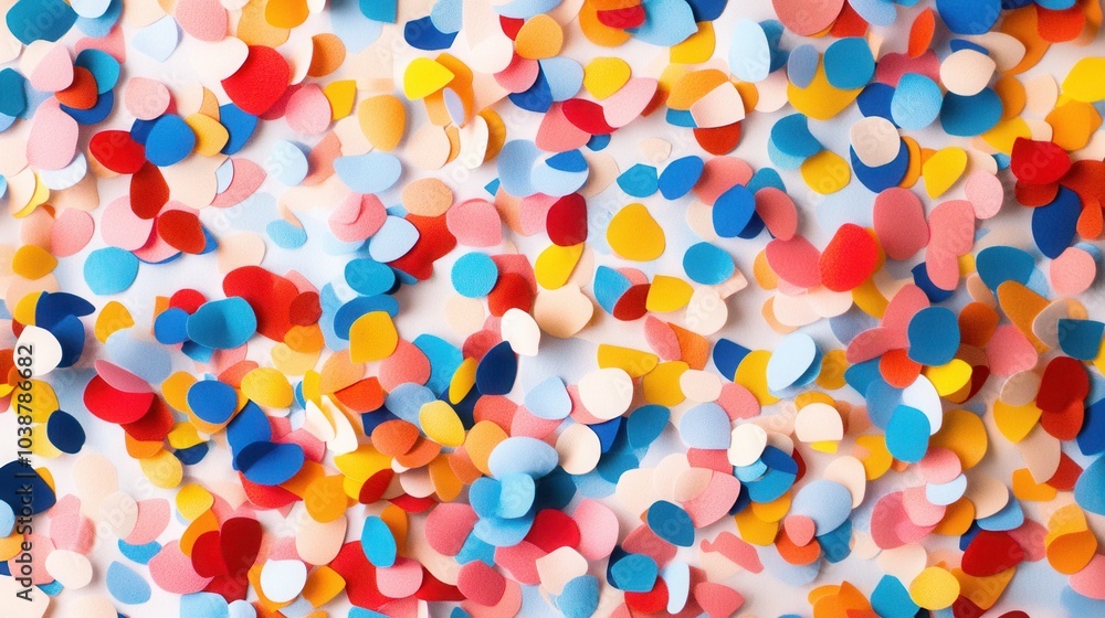Poster bold and colorful patterns of confetti-like shapes that create a lively and cheerful atmosphere, per