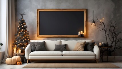 Modern minimalist wall art mockup of luxury cozy living room for Halloween, blank frame for wall art mockup of living room, Halloween and Christmas spooky scary vibes of the room interior design