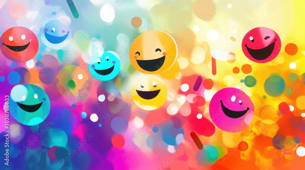 Poster bright, smiling shapes in a variety of colors dancing across a light backdrop, creating an atmospher