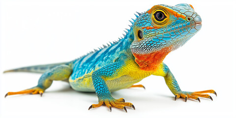 Obraz premium Vibrantly colored bearded dragon with blue, orange, and yellow markings standing on a white background, showcasing its spiky texture and vivid hues, selective focus