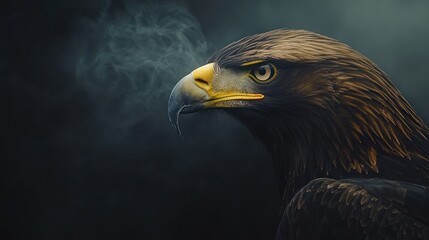 Obraz premium A majestic eagle gazes into the distance, surrounded by a misty atmosphere.