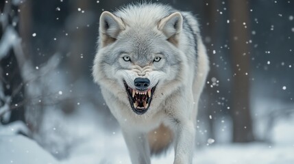 Fototapeta premium A fierce wolf snarls in a snowy forest, showcasing its power and wild nature.