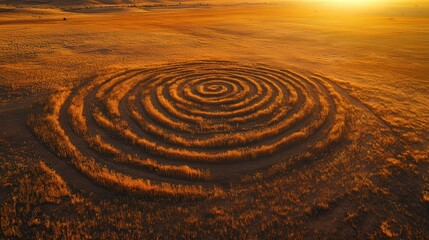 Naklejka premium Aerial view of crop circle in desert at sunset. Spiral patterns in dry, cracked earth, glowing in warm golden hues with sharp afternoon shadows.
