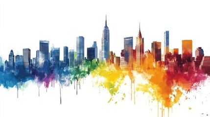 Obraz premium A colorful watercolor skyline illustration featuring iconic buildings and vibrant splashes.