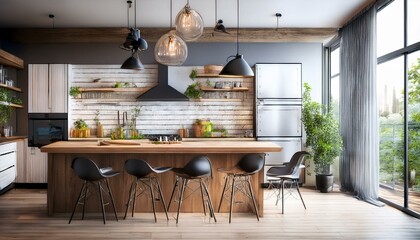 Drawing loft kitchen interior with furniture