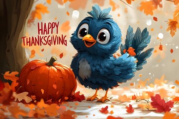 cartoon vector illustration of turkey and happy pumpkin with fall leaves. "HAPPY THANKSGIVING" text at the middle.