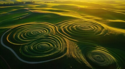 Wide aerial view of intricate crop circles in green fields. Circular patterns in crops illuminated by golden hour sunlight, creating a geometric landscape.