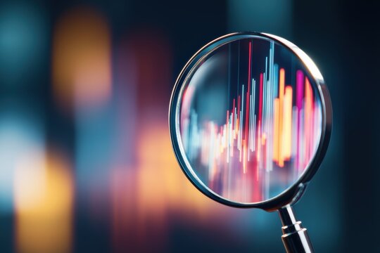 Digital analytics screen with a magnifying glass focusing on data trends, illustrating the power of data-driven insights and digital marketing analysis